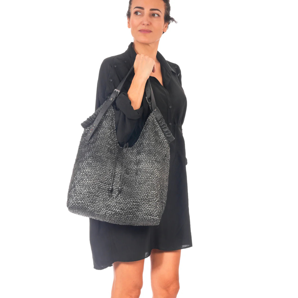 Bag Canotta Arricciata Intreccio Madreperla in Nero