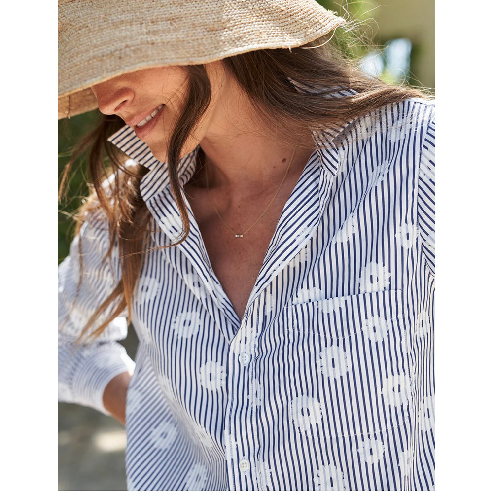 Silvio Button Up in Blue Stripe White Flower