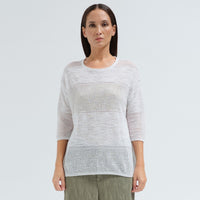 An oversized white jacquard knit by Transit Par Such with a round neck, dropped shoulders, elbow-length sleeves and semi-sheer openwork stripes - front view