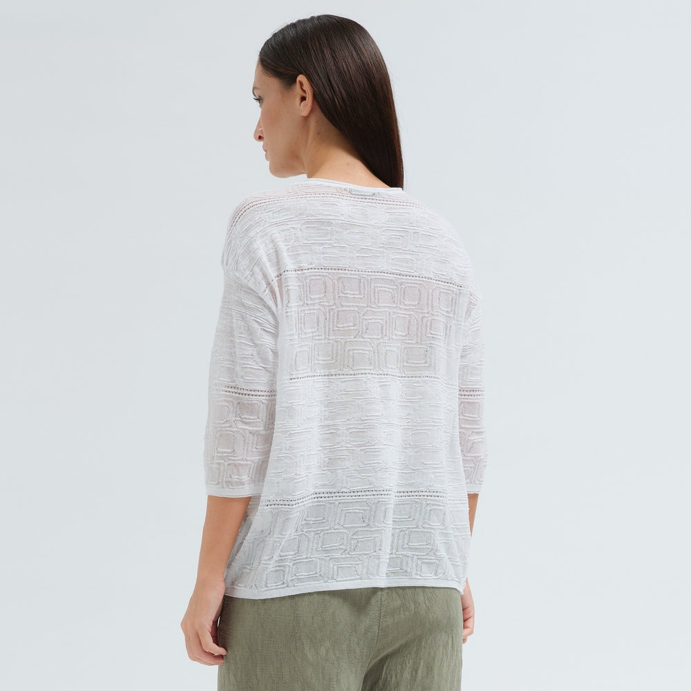 An oversized white jacquard knit by Transit Par Such with a round neck, dropped shoulders, elbow-length sleeves and semi-sheer openwork stripes - back view