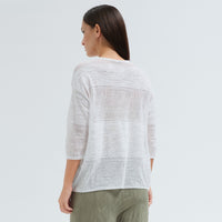 An oversized white jacquard knit by Transit Par Such with a round neck, dropped shoulders, elbow-length sleeves and semi-sheer openwork stripes - back view