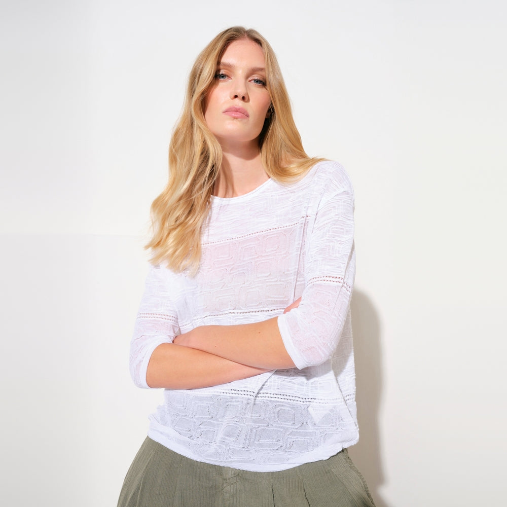 An oversized white jacquard knit by Transit Par Such with a round neck, dropped shoulders, elbow-length sleeves and semi-sheer openwork stripes - studio model view