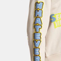 Riada Concept Essentiel Antwerp relaxed cream cotton sweatshirt, covered in colourful slogans, with a sequinned heart, beaded sleeve lettering and a 1999 back panel, close-up sleeve lettering