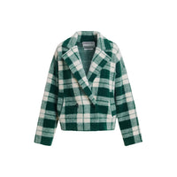 Riada Concept Essentiel Antwerp Karreau knit cardigan in a forest green and off-white check, double-breasted with notched lapels, dropped shoulders and slanted pockets.
