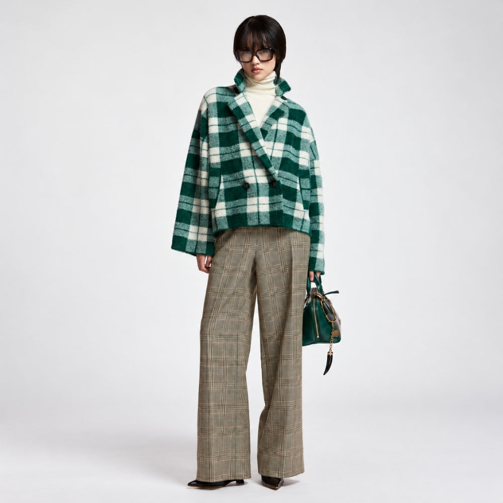 Riada Concept Essentiel Antwerp Karreau knit cardigan in a forest green and off-white check, double-breasted with notched lapels, dropped shoulders and slanted pockets - styled model front view