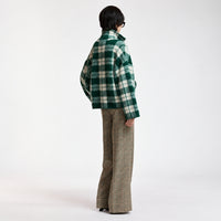 Riada Concept Essentiel Antwerp Karreau knit cardigan in a forest green and off-white check, double-breasted with notched lapels, dropped shoulders and slanted pockets - styled model back view