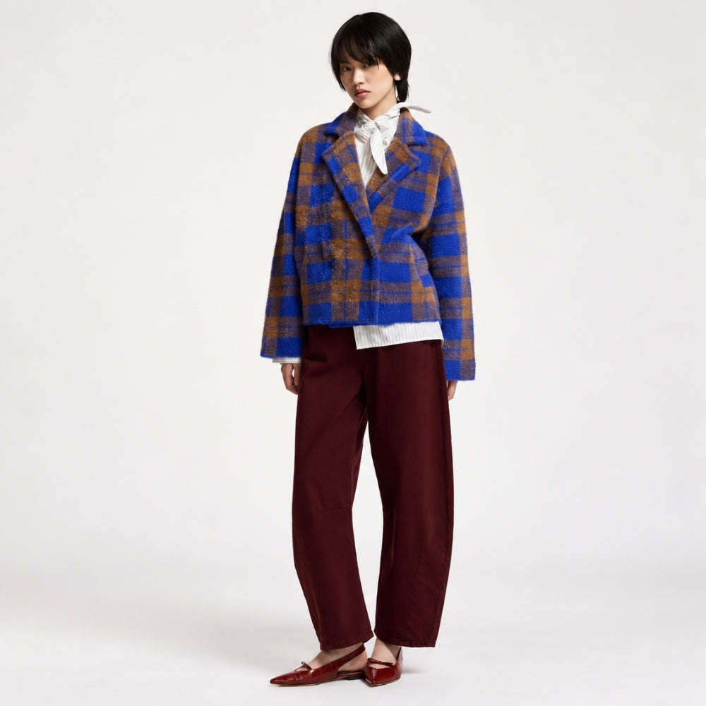 Riada Concept Essentiel Antwerp Karreau check knit cardigan in Indigo Ink, worn on model, front view styled