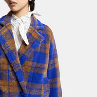 Riada Concept Essentiel Antwerp Karreau check knit cardigan in Indigo Ink, worn on model, close-up