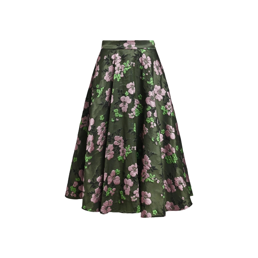 Riada Concept A full circle midi skirt by Essentiel Antwerp in khaki floral jacquard with pink and green flowers, a fitted waistband, side-seam pockets and a full lining