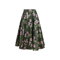 Riada Concept A full circle midi skirt by Essentiel Antwerp in khaki floral jacquard with pink and green flowers, a fitted waistband, side-seam pockets and a full lining