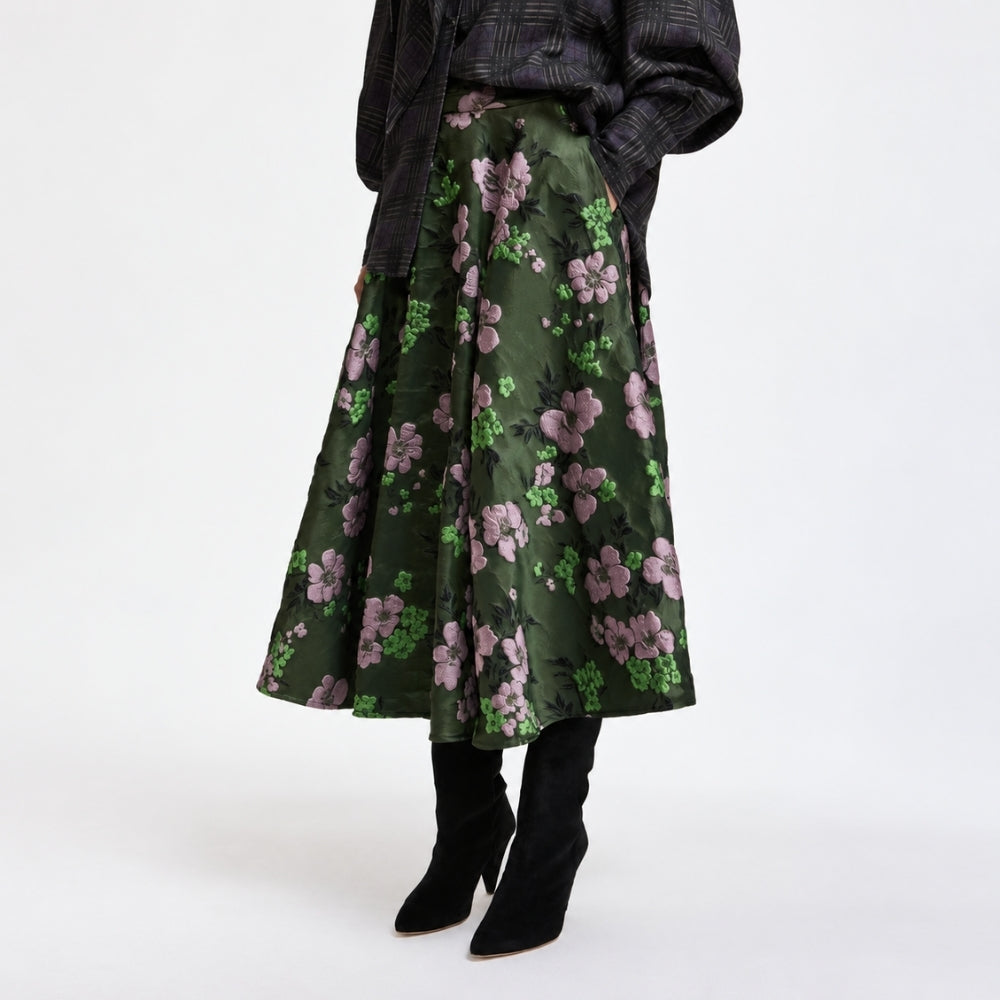 Riada Concept A full circle midi skirt by Essentiel Antwerp in khaki floral jacquard with pink and green flowers, a fitted waistband, side-seam pockets and a full lining - cropped front view