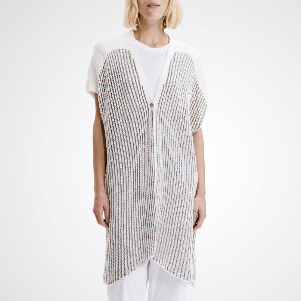 Transit Par Such Knit Sleeve Cardi in Taupe — Italian-made open-front lightweight cotton-linen cardigan with ribbed texture, styled over white outfit Transit Par Such at Riada Concept Designer fashion shop online and in store High End fashion boutique Sydney Australia Riada Concept
