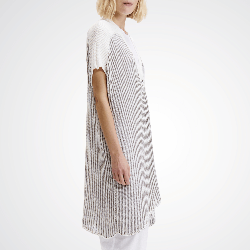 Transit Par Such Knit Sleeve Cardi in Taupe — Italian-made open-front lightweight cotton-linen cardigan with ribbed texture, styled over white outfit Transit Par Such at Riada Concept Designer fashion shop online and in store High End fashion boutique Sydney Australia Riada Concept