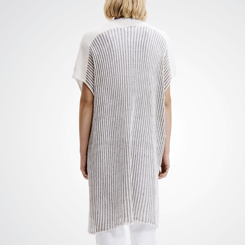 Transit Par Such Knit Sleeve Cardi in Taupe — Italian-made open-front lightweight cotton-linen cardigan with ribbed texture, styled over white outfit Transit Par Such at Riada Concept Designer fashion shop online and in store High End fashion boutique Sydney Australia Riada Concept