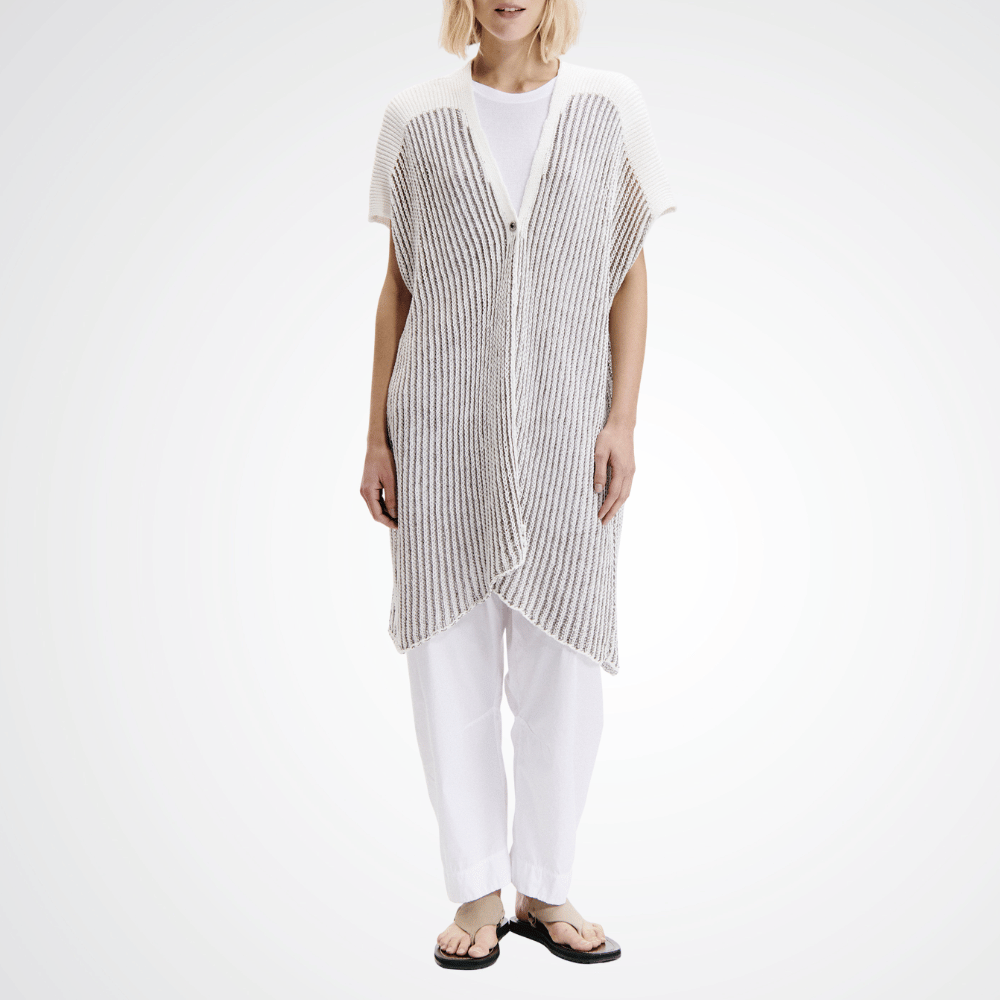 Transit Par Such Knit Sleeve Cardi in Taupe — Italian-made open-front lightweight cotton-linen cardigan with ribbed texture, styled over white outfit Transit Par Such at Riada Concept Designer fashion shop online and in store High End fashion boutique Sydney Australia Riada Concept