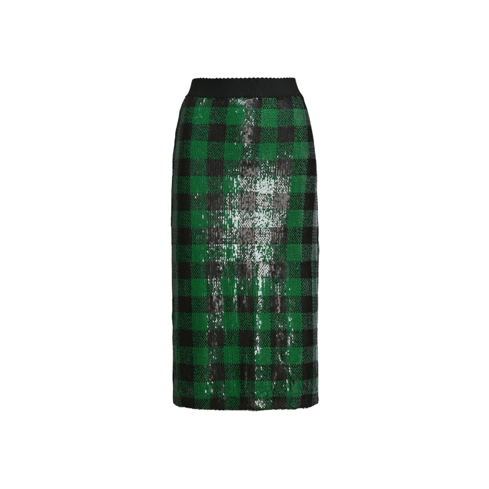 Riada Concept Essentiel Antwerp green and black check pencil skirt, covered in sequins on stretch jersey, with an elasticated waistband and a back slit. Midi length - front view