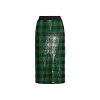 Riada Concept Essentiel Antwerp green and black check pencil skirt, covered in sequins on stretch jersey, with an elasticated waistband and a back slit. Midi length - front view