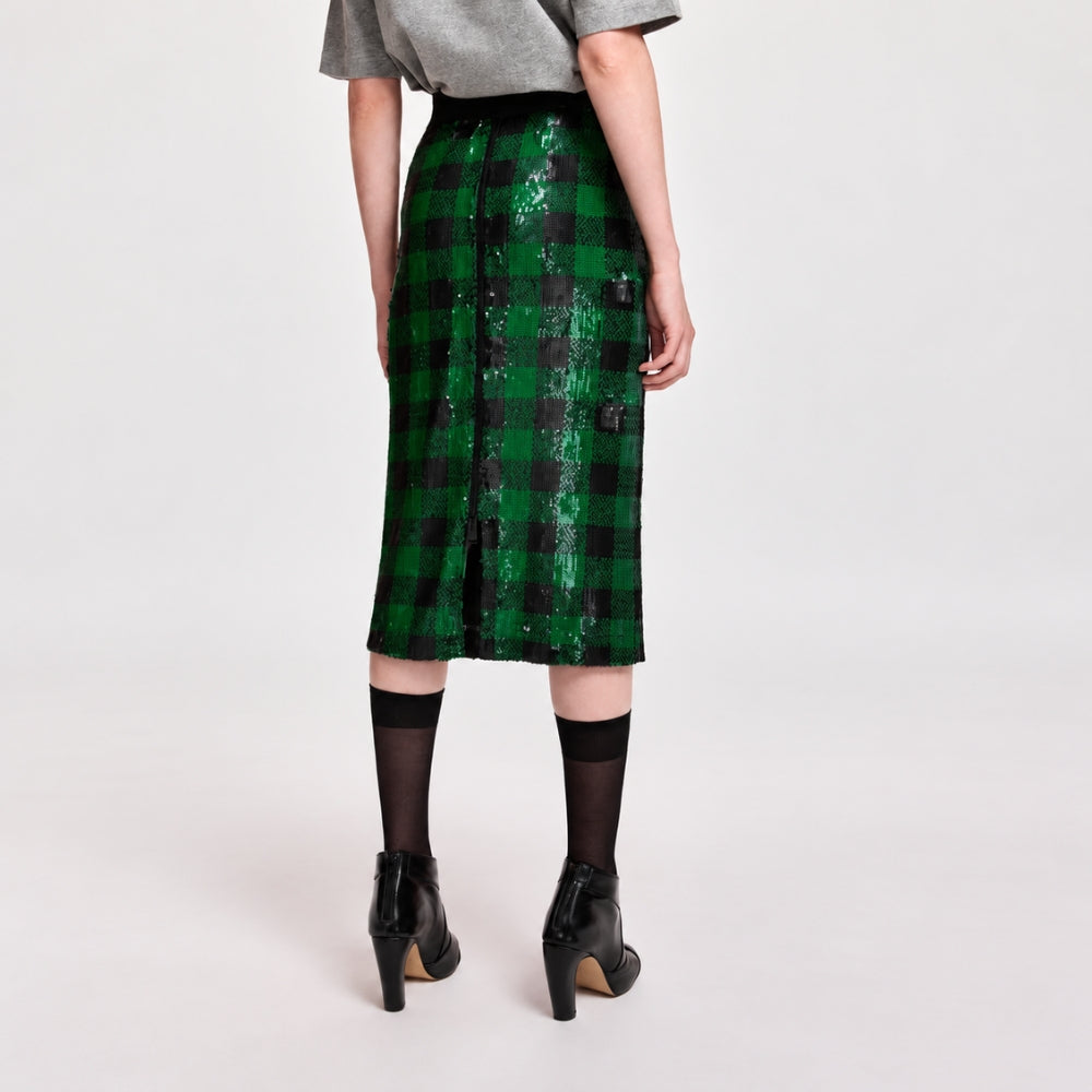 Riada Concept Essentiel Antwerp green and black check pencil skirt, covered in sequins on stretch jersey, with an elasticated waistband and a back slit. Midi length - back view