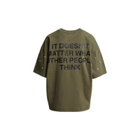 Riada Concept Essentiel Antwerp Kourse T-shirt in khaki organic cotton, scattered with silver-tone studs and printed with slogans on the front and back. Relaxed fit - shirt back