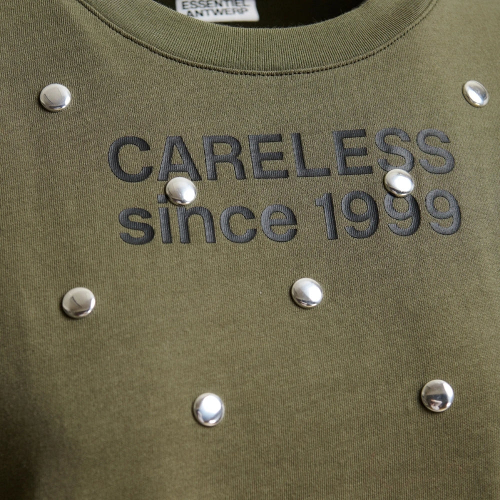 Essentiel Antwerp Kourse Studded Slogan Cotton T-Shirt in Dusty Green