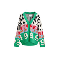 Riada Concept Essentiel Antwerp Kreezer V-neck cardigan with oversized logo intarsia in cream, pink, sky blue and green. Relaxed fit. 