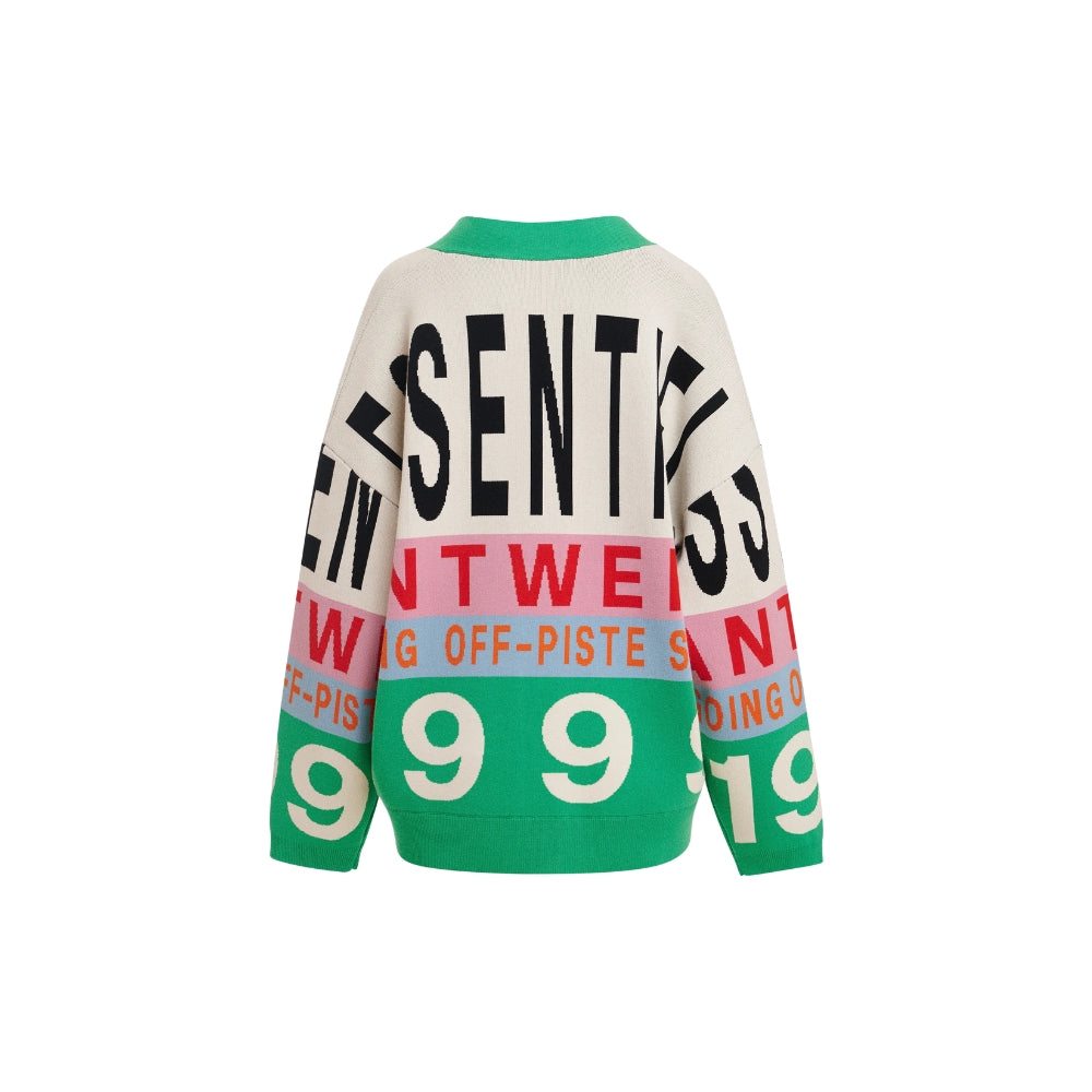 Riada Concept Essentiel Antwerp Kreezer V-neck cardigan with oversized logo intarsia in cream, pink, sky blue and green. Relaxed fit. 
