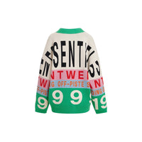 Riada Concept Essentiel Antwerp Kreezer V-neck cardigan with oversized logo intarsia in cream, pink, sky blue and green. Relaxed fit. 
