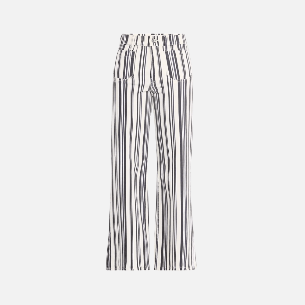 FRAME Le Slim Palazzo Modernist Pocket Jeans in Navy Stripe at Riada Concept. High-rise striped wide-leg denim with flat patch pockets. 