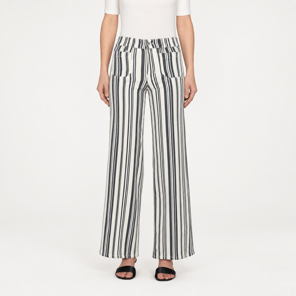 FRAME Le Slim Palazzo Modernist Pocket Jeans in Navy Stripe at Riada Concept. High-rise striped wide-leg denim with flat patch pockets - front view