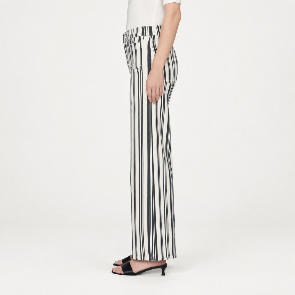 FRAME Le Slim Palazzo Modernist Pocket Jeans in Navy Stripe at Riada Concept. High-rise striped wide-leg denim with flat patch pockets - side view
