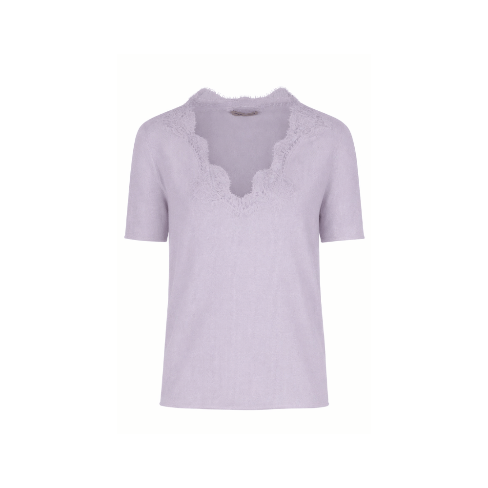 Alberta Ferretti Lace-Trim V-Neck Knit Top in Violet – International designer fashion boutique Australia Riada Concept Woollahra