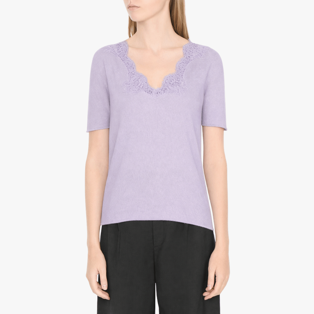 Alberta Ferretti Lace-Trim V-Neck Knit Top in Violet – International designer fashion boutique Australia Riada Concept Woollahra
