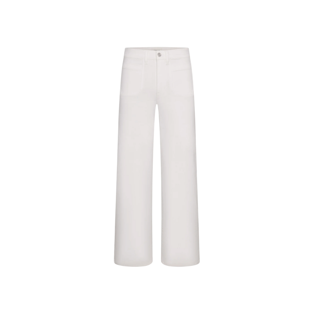 FRAME Le Slim Palazzo Modernist Pocket in White — high-rise wide-leg jeans in stretch cotton blend, featuring modernist front pockets, full-length flare, and quiet-luxury tailoring FRAME designer denim, luxury jeans boutique Sydney Australia Riada Concept Woollahra