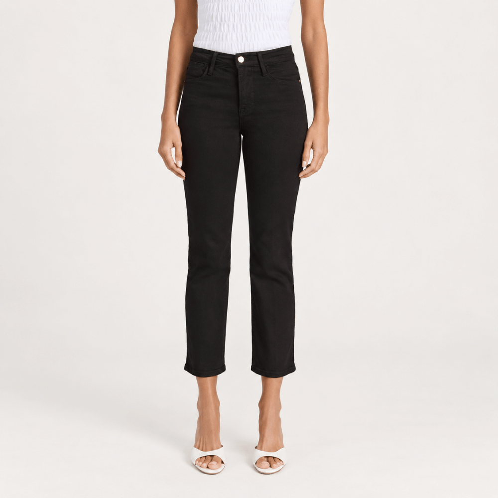 FRAME Le High Straight Ankle Jeans in Film Noir at Riada Concept. High-rise slim straight jeans in ultra-stretch black denim - front view