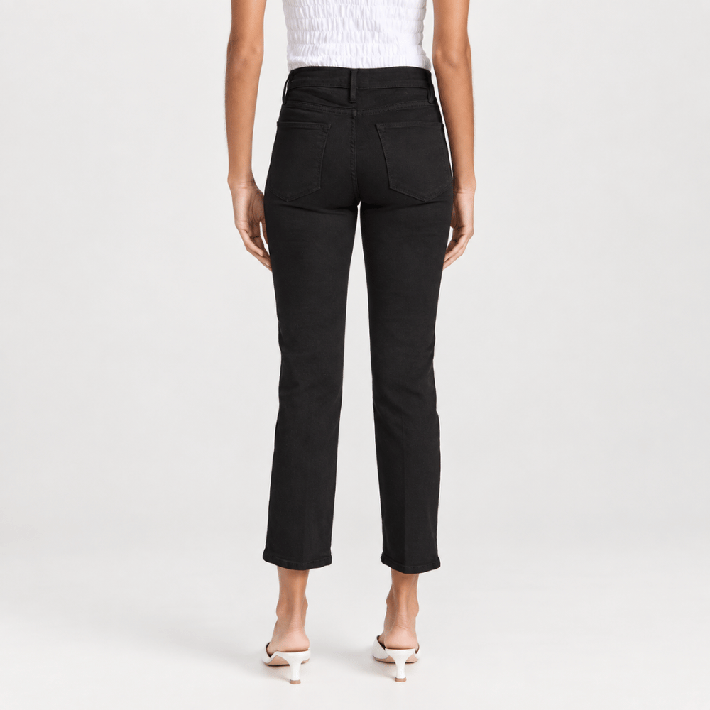 FRAME Le High Straight Ankle Jeans in Film Noir at Riada Concept. High-rise slim straight jeans in ultra-stretch black denim - rear view