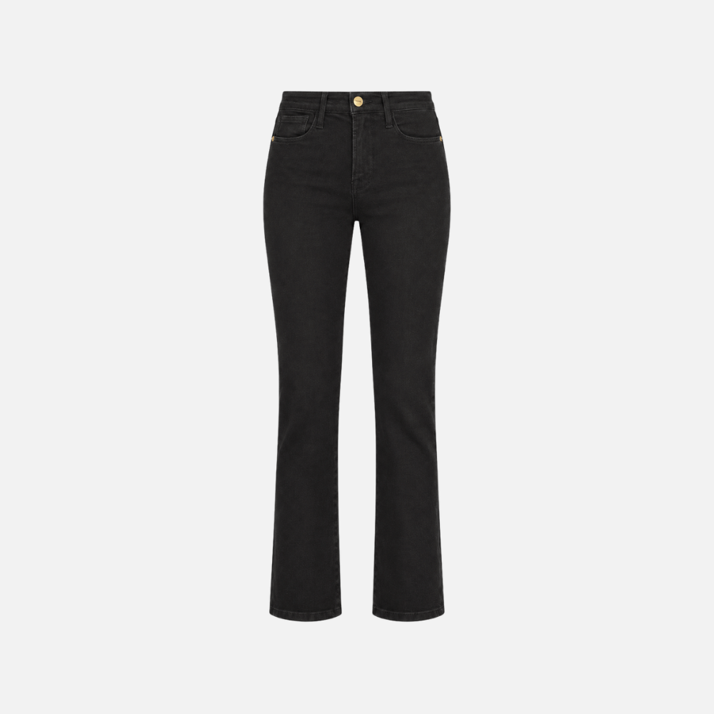 FRAME Le High Straight Ankle Jeans in Film Noir at Riada Concept. High-rise slim straight jeans in ultra-stretch black denim - front view