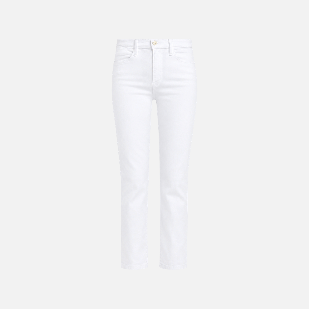 FRAME Le High Straight Cropped Jeans in Blanc at Riada Concept. High-rise slim straight white denim with strong stretch recovery