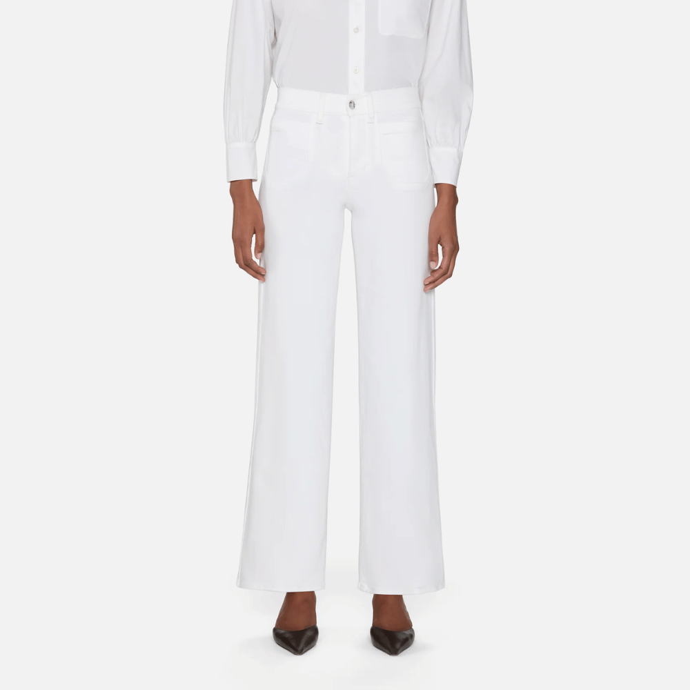 FRAME Le Slim Palazzo Modernist Pocket in White — high-rise wide-leg jeans in stretch cotton blend, featuring modernist front pockets, full-length flare, and quiet-luxury tailoring FRAME designer denim, luxury jeans boutique Sydney Australia Riada Concept Woollahra