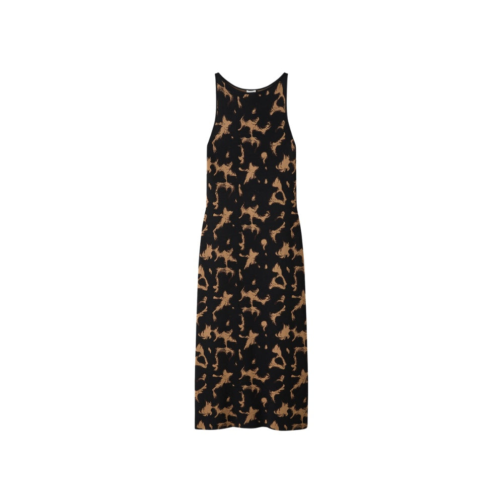 JOSEPH Lecate sleeveless tortoiseshell jacquard knit dress in black and camel, front view