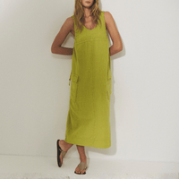 The Transit Par Such Linen Cargo Dress in Lime features a scoop neckline, deep armholes, and adjustable side drawstrings. Transit Par Such at Riada Concept Designer fashion shop online and in store High End fashion boutique Sydney Australia Riada Concept