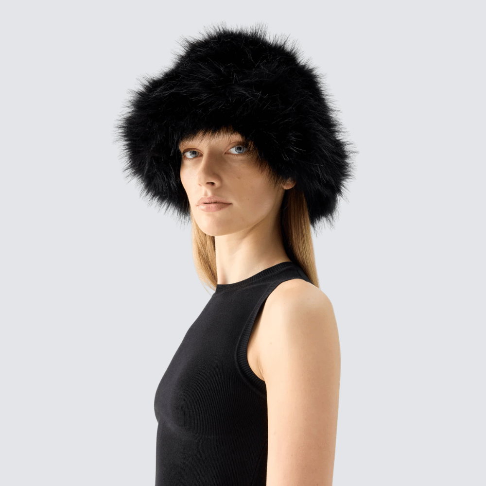 Unreal Fur Lush Yeoman Black Faux Fur Bucket Hat – International designer fashion boutique Australia Riada Concept Woollahra