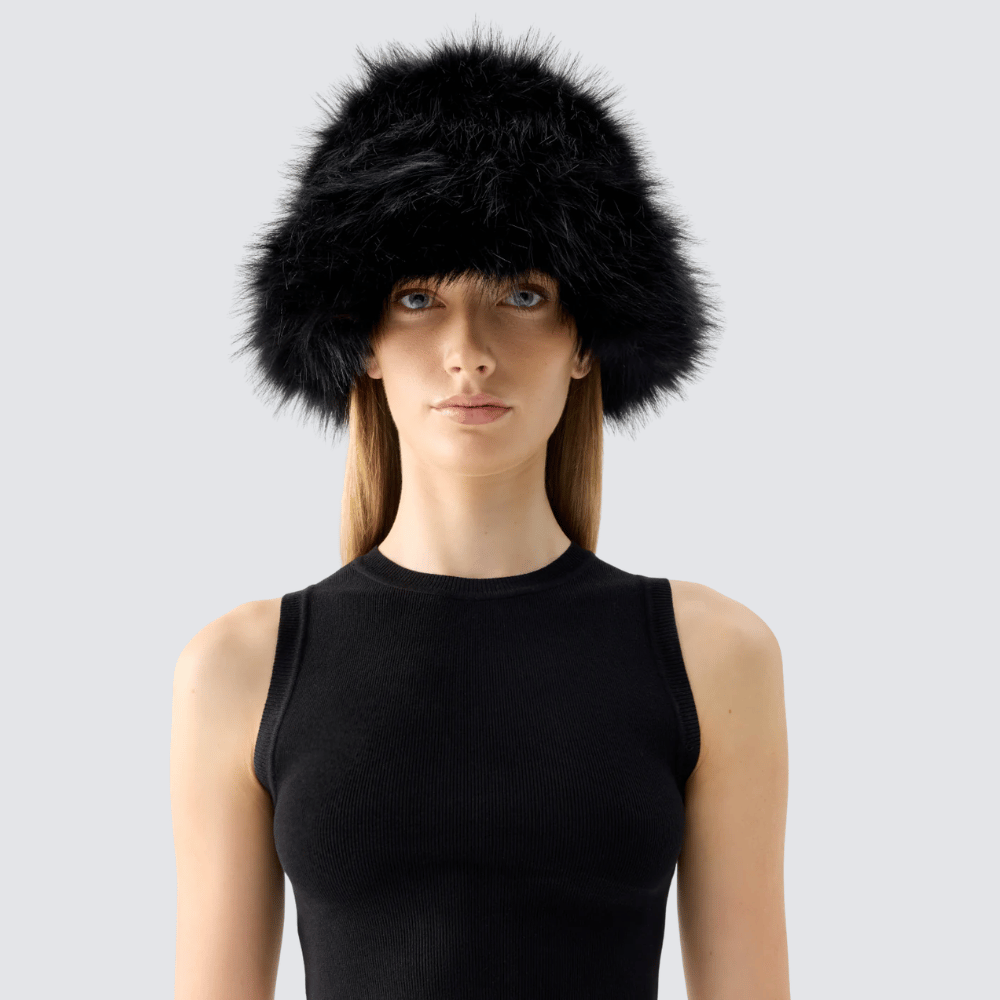Unreal Fur Lush Yeoman Black Faux Fur Bucket Hat – International designer fashion boutique Australia Riada Concept Woollahra