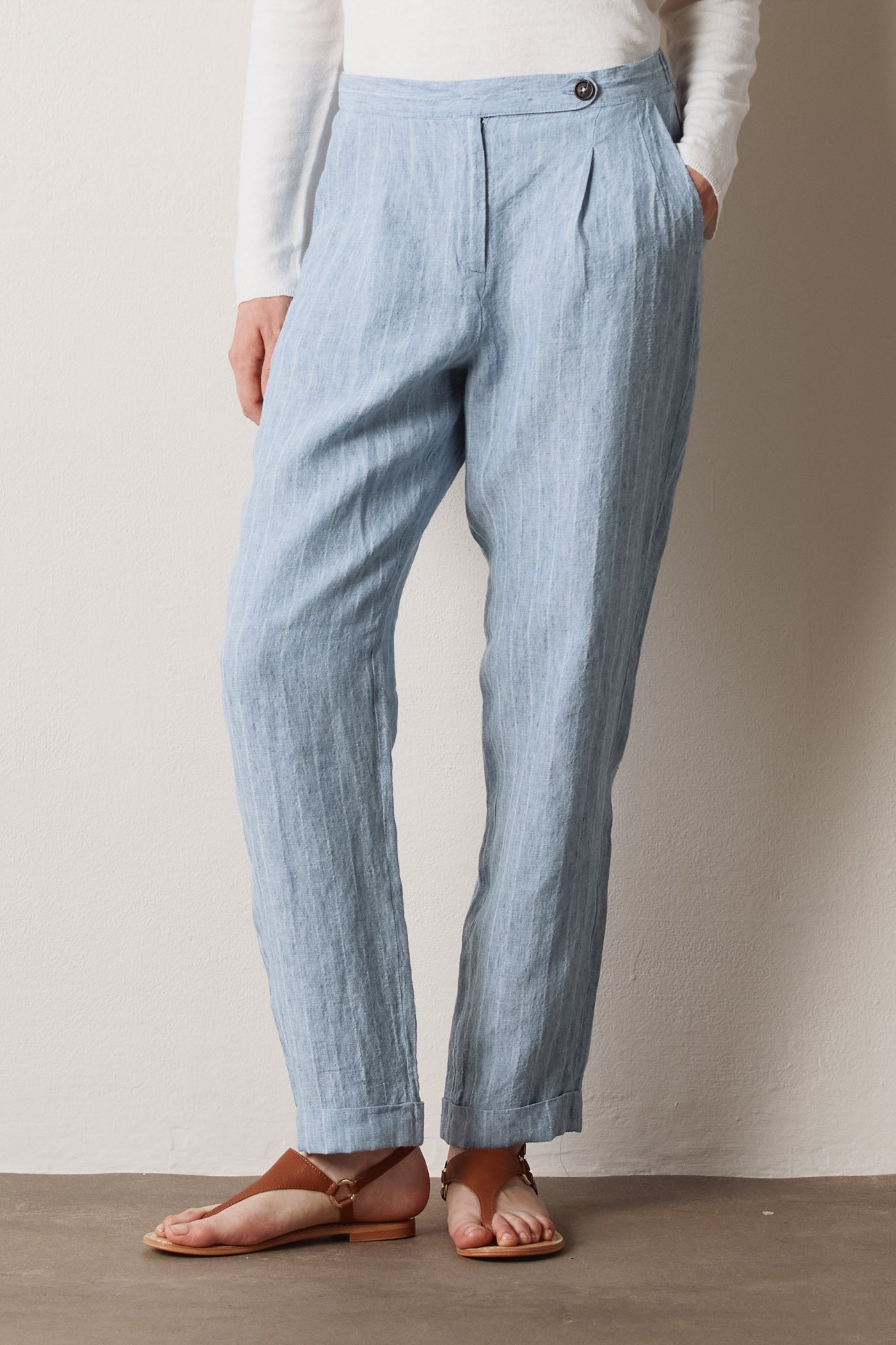 BOGA Pinstriped Linen High-Waist Trousers in Sky