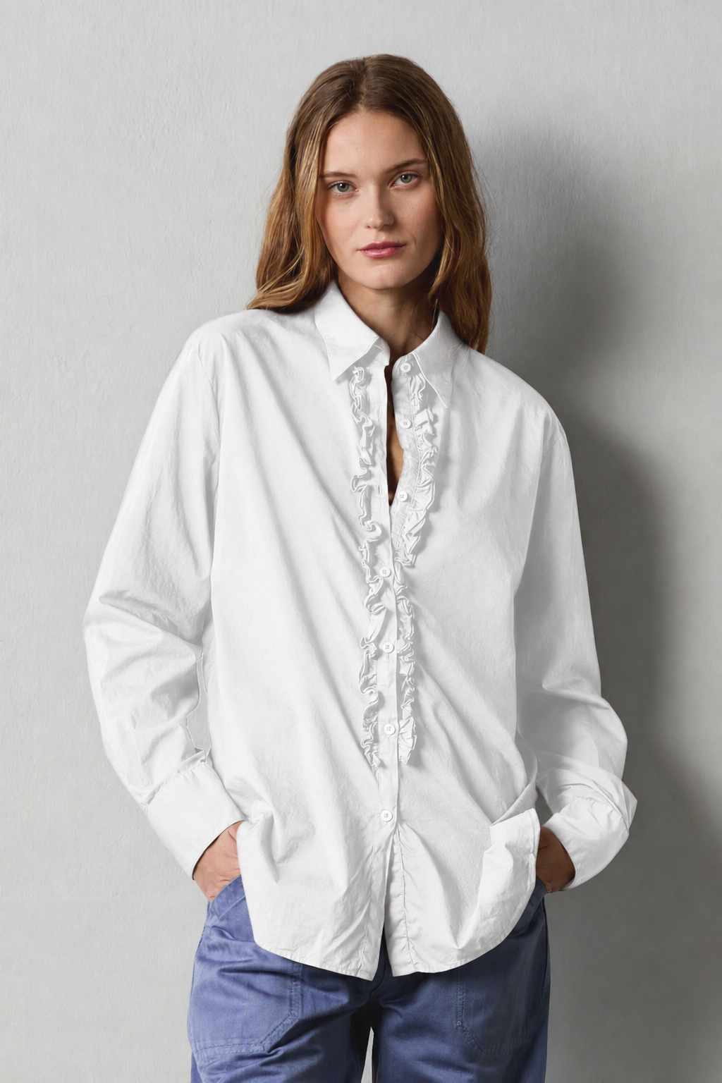 CHARLIZE Ruched Cotton Shirt in White