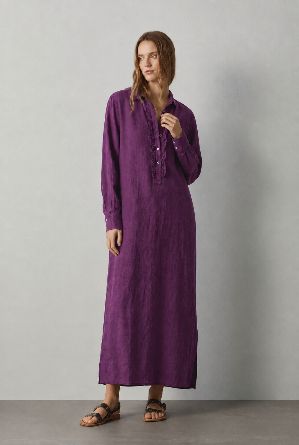 NELL Ruffled Linen Shirt Dress in Grape by Massimo Alba, dress at Riada Concept, Woollahra Sydney