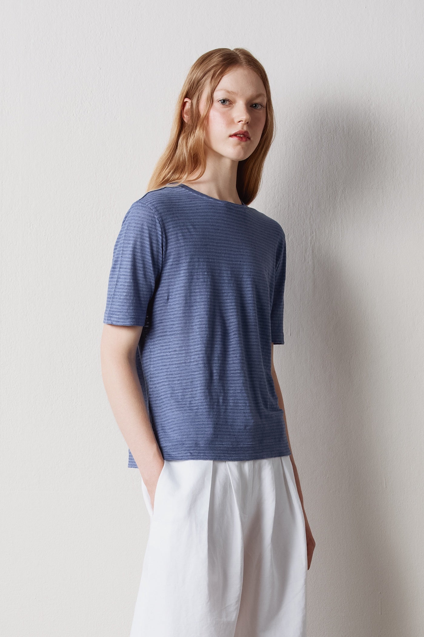 NIZZA Watercolour Stripe Linen Cotton T-Shirt in Tulip