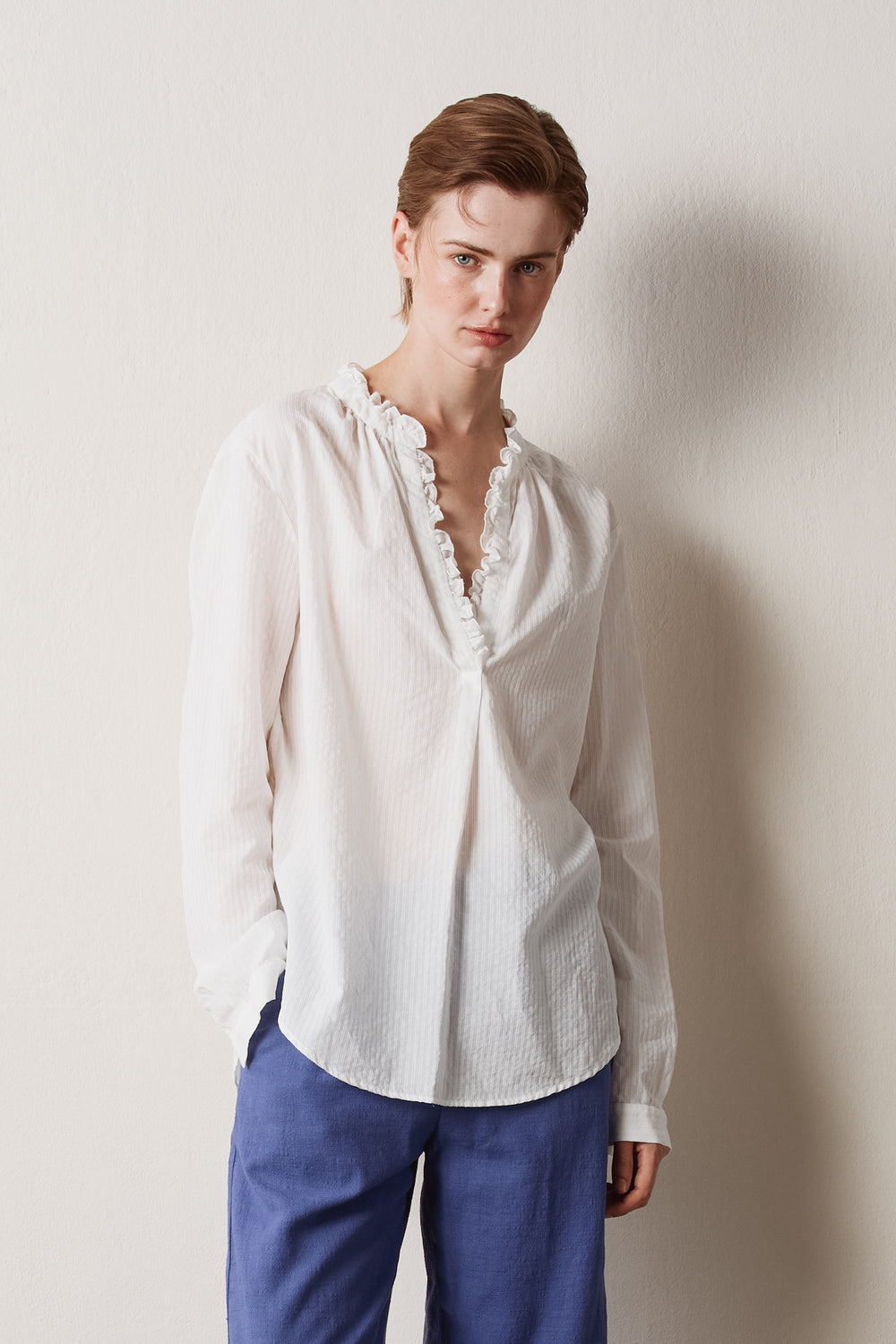 PAMELA Ruched Jacquard Cotton Blouse in White by Massimo Alba, blouse at Riada Concept, Woollahra Sydney
