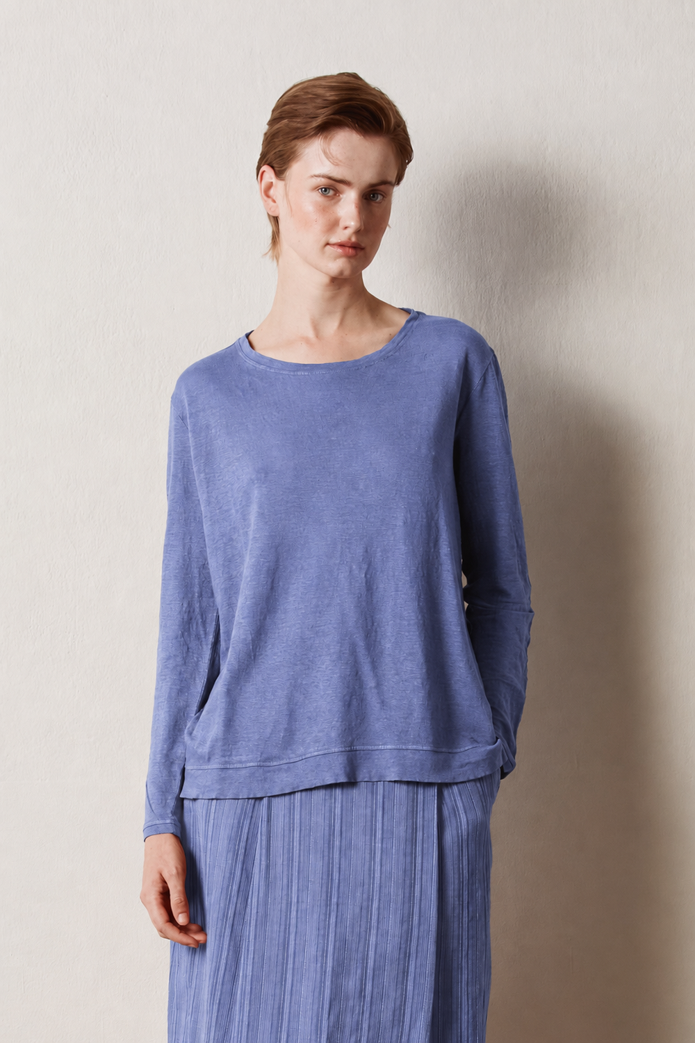 TENERIFE Linen Cotton Jersey Long-Sleeve T-Shirt in Amethyst by Massimo Alba, T-shirt at Riada Concept, Woollahra Sydney