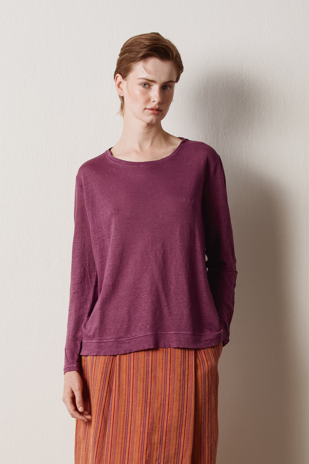 TENERIFE Linen Cotton Jersey Long-Sleeve T-Shirt in Grape by Massimo Alba, T-shirt at Riada Concept, Woollahra Sydney