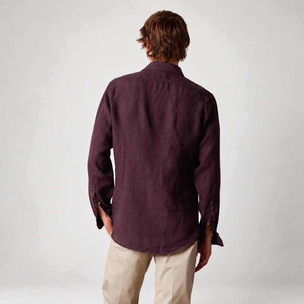 Massimo Alba Canary linen shirt in grape, a deep plum, with a soft spread collar and mother-of-pearl buttons - back view